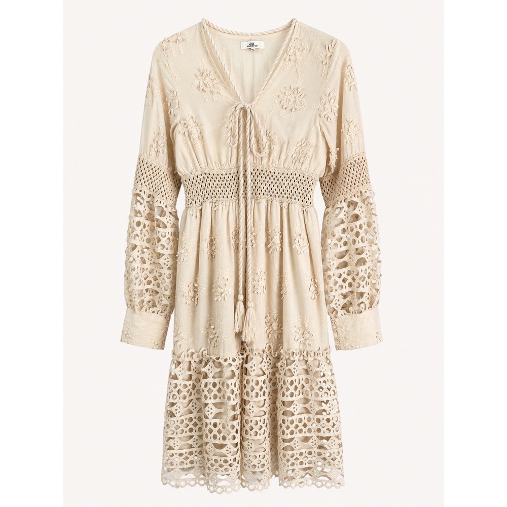 Bohemian Embroidered Midi Dress Ivory Crochet Lace Long Sleeve Tassel Tie M/L